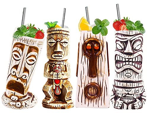 Vinbcorw tiki Cocktails Tiki Mugs Ensemble de 4 Tasses à Cocktail en Céramique Verres à Cocktail Exotiques Tiki Bar Professionnel Hawaiian Party Barware tiki mug reutilisable,Beige
