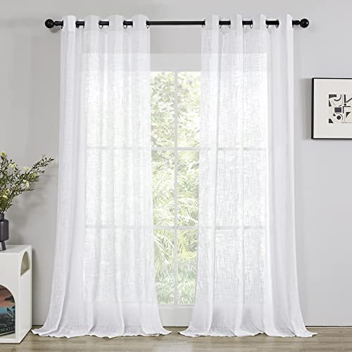Deconovo Gardinen Wohnzimmer Voile Halbtransparent Vorhänge mit Ösen Dekoschal Leinenoptik Deko Ösenvorhang, 260x140cm(HöhexBreite), Weiß, 2er Set