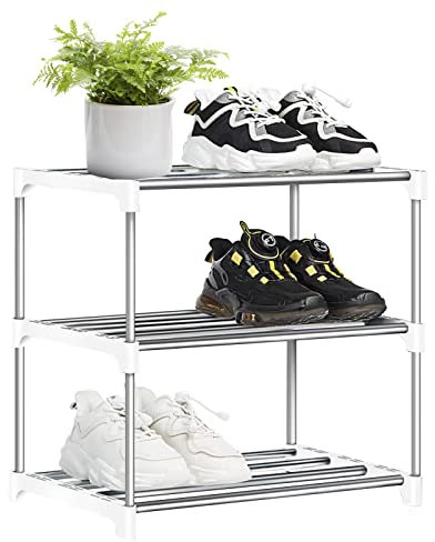 OLYREO Schuhregal mit 3 Ebenen, Weißes Schuhregal Klein, Metallschuh-Organizer, Schlank, Stapelbar kleine Fußwarenaufbewahrung für Flur, kKein Werkzeug Erforderlich