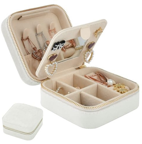 NUZEKY Reise Schmuckkästchen, Schmuck Reiseetui für Damen Schmuckkästchen Klein Samt Schmuckaufbewahrung Schmucktasch für Reisen Ringe Ohrringe Halsketten Ohrstecker-Schmuck Organizers(Weiß)