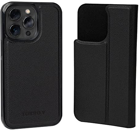 TORRO Leather Case Compatible with iPhone 14 Pro – Genuine Leather Bumper Case with Magnetically Detachable Cover with Kickstand (Black)