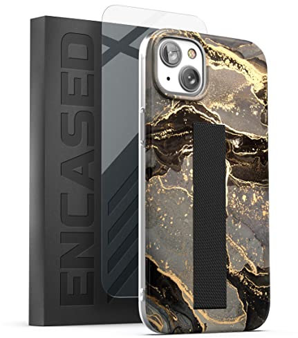 Encased Finger Loop Case Designed for iPhone 14 Plus Case with Hand Strap Phone Holder and Screen Protector (Black/Gold Marble)