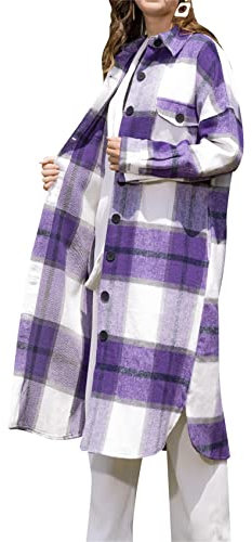 Yming Damen Flanell Plaid Jacke Shacket Side Schlitz Mäntel Casual Button Shirts Langarm Jacke Violett M