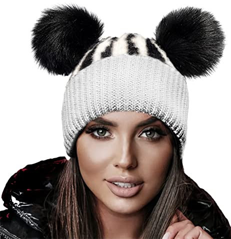 4sold Wintermütze Miki für Damen, Mädchen, aus Wolle, Strickmütze mit zwei Pom-Poms, für Ski, Snowboard, weiß, Einheitsgröße