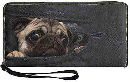 TOADDMOS Damen-Geldbörse mit schwarzem Katzendruck, PU-Leder, Münzkarte, Handyhalter, Clutch, Reißverschluss, Geldbörse mit Handgelenk, Mops, Denim, Schwarz, Casual