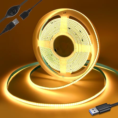 Yamlten 5V COB Led Streifen 3000k Warmweiss mit Schalter,320 LEDs/M Dimmbar LED Strip für TV Hintergrundbeleuchtung,Computer,Schrank,Schlafzimmer DIY LED Band 1m.(Stromversorgung schließt aus)