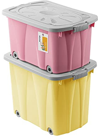 PAFEN Piraten Spielzeugkisten SET – 2x Schatzkiste 49l + 62l mit Rollen - Spielzeugbehälter Aufbewahrungsbox für Kinder Ordnungsbox, Gelb/Rosa