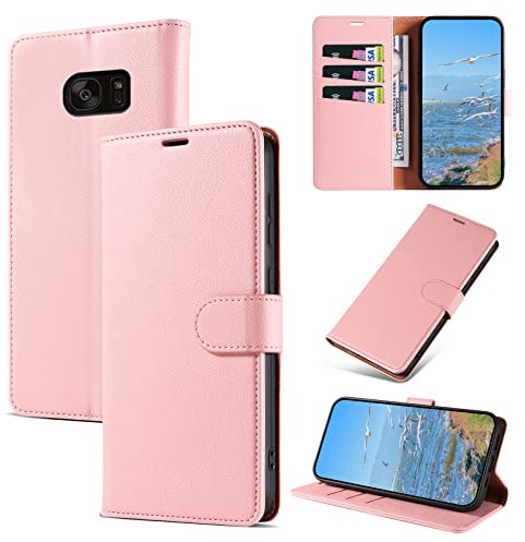 KKEIKO Hülle Kompatibel mit Samsung S7 Edge, Magnet Klappbar Handyhülle mit Kartenfach, PU Leder Stoßfest Schutzhülle für Samsung Galaxy S7 Edge, Rosa
