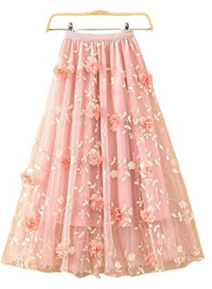 Röcke Für Damen,Damen-Rock Aus Besticktem Tüll Mit Applikationen, Grau, Vintage-Stil, 3D-Blumen-Plissee-Midirock, Elastisch, Hohe Taille, A-Linie, Gazerock, Boho, Elegant, Lange Röcke Für Mädc