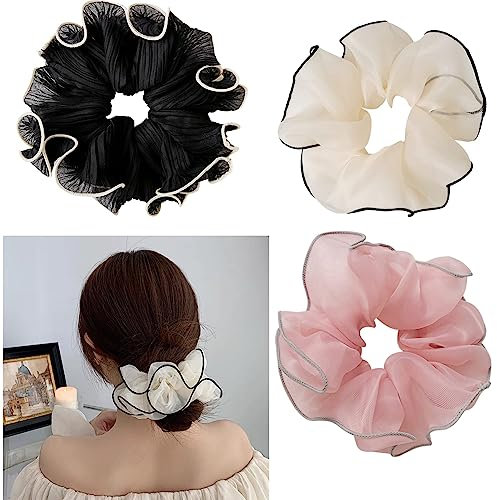 Ypkia 3 Stück Haargummi Scrunchie Höhle Der Löwen Seide Floral Haargummi Damen Set Groß Elastischer Vintage Pferdeschwanz Halter Für Frauen Mädchen Haar-Accessoires (Schwarz, Weiß, Rosa)