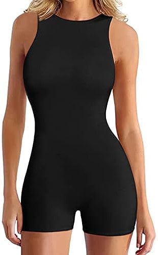 KOEMCY Jumpsuit Damen Sexy Ärmellose Einteiler One Piece Nahtloser Stretch Romper Sport Workout Yoga Playsuit (Schwarz,M)