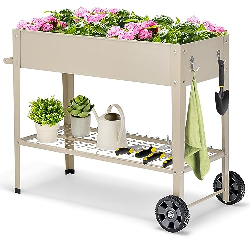HOMASIS Jardinière surélevée pour l'extérieur, Parterre de Fleurs surélevé en métal, en Filet et 2 Crochets, Chariot de Culture Haut avec 2 Roues et Une poignée, Beige, 95 x 40 x 80 cm
