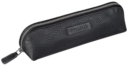 STILORD 'Alfons' Kleines Federmäppchen Erwachsene Leder Stiftetasche federtasche klein ledermäppchen Schlampermappe Etui Echtes Leder Federmappe klein, Farbe:schwarz