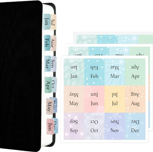Mini-Monats-Tabs für Planer: Bleiben Sie organisiert mit selbstklebenden Monatsteilern und Etiketten, 24 vorgedruckten Tabs und 12 schwarzen Registerkarten für Planer, Notizbücher und Tagebücher,