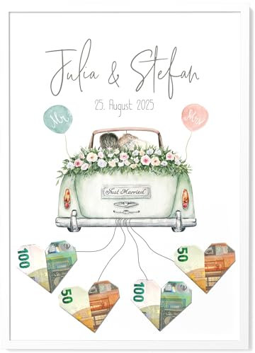 Papierschmiede® Personalisiertes Geldgeschenk Hochzeit mit Namen, Hochzeitsgeschenke für Brautpaar | A3 (30x42 cm) Poster mit Rahmen | Hochzeitsgeschenke Geld Geschenk Bild „Wedding Cabrio“