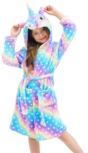 Ceruwum Einhorn Bademantel für Mädchen Weich Fleece Morgenmäntel mit Kapuze (Regenbogen mit Punkten, 3-4 Jahre)