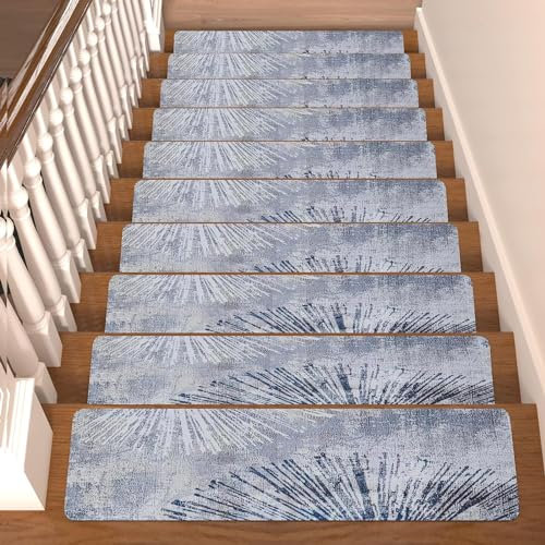 AmiRest Stair Treads Non-slip, Carpet Stair Treads Indoor, 15 PCS 8 * 30 Inch, Wooden Stair Treads for Wooden Steps Rubber Backing, No Glue Quick-Dry Machine Washable, For Kids Pets, Grey Fireworks
