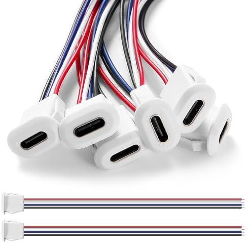 KUOQIY 6 PCS 3A Type C Female USB-C Cables, Card Buckle, 4 Pin Power Jack with 150mm 24 AWG Wire, White