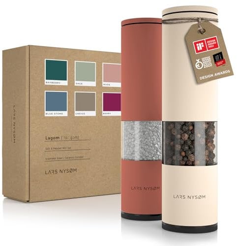LARS NYSØM Salt and Pepper Mills Set Stainless Steel with Adjustable Ceramic Grinder 2 Pieces I Design Spice Mills Set Manual (Red/Beige)