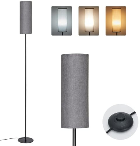 IPARTS EXPERT Stehlampe Wohnzimmer, LED Stehlampe Dimmbar, Standleuchte mit Fußschalter Leinenschirm, Vintage Leselampe Farbtemperaturen Ecklampe für Schlafzimmer, Wohnzimmer, Büro(grau)