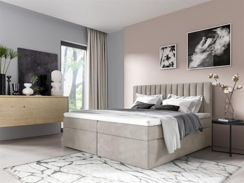 Fun Möbel Boxspringbett Schlafzimmerbett Linnea in Stoff Fresh auch Überlänge… (Beige, Überlänge: 140x220 cm)