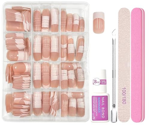 Stick on Nails - French Press on Nails - 240 Pcs Fake Nails with Glue - Nude Square Long Glossy False Nails- Full Cover Nails French Tip - Press on Nails Girls Nails Art (Nude Medium Long)