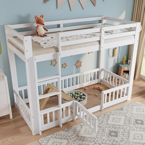 KOMHTOM Lit Superposé avec Échelle à Angle Droit, 90x200cm Lit d'enfant avec Barrières et Petites Portes,Bois Cadre de lit, Sommier à Lattes(sans Matelas) (Blanc)