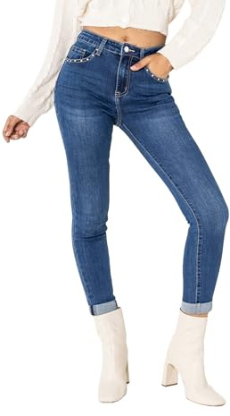 Nina Carter P605 Damen High-Waist Jeans mit Nieten-Details Slim Fit Stretch Jeanshose Used-Look