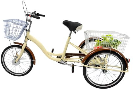 TONFEION Dreirad für Erwachsene, 20 Zoll 6 Gang Senioren Dreirad, 3 Räder Fahrrad mit Zwei Einkaufskörbe, Fahrräder für Damen und Herren, Verstellbare Sitzhöhe, für Erholung Einkaufen (Beige)