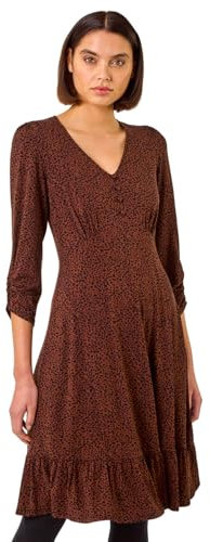 Roman Originals Swing Dress Women UK Ladies Skater Tea Midi A Line Fit & Flare Winter Autumn Casual Smart Cocktail Party Going Out Work Buttons - Chocolate - Size 20