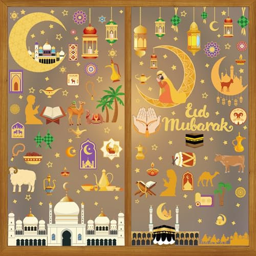 PAIVSUN Fensterbilder Frühling, 9 Blätter Fensterdeko Selbstklebend mit Tulpen Schmetterling Kolibri, Blumen Frühlingsdeko Aufkleber für Fenster Dekoration (Ramadan)