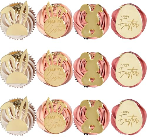Xsstarmi 16 Stück goldene Acryl-Oster-Cupcake-Topper, Hasenohren, Eier, Kuchendekorationen für Ostern, Party, Babyparty, Geburtstag
