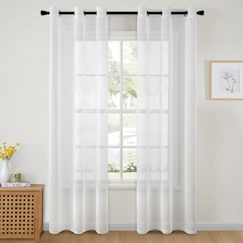 MIULEE Voile Vorhang mit Ösen transparent 102x235 cm 2er Set Weiß | Transparente leichte Voile Gardine als Ösenschal für Wohnzimmer und Schlafzimmer, lichtdurchlässig, luftig, dekorativ