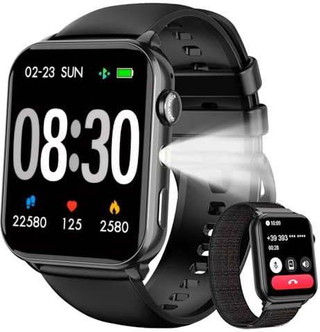 IOWODO Smartwatch Herren Damen | Bluetooth Anrufe & LED-Leuchte | SpO2 & Schlafüberwachung | 350mAh (6+ Tage) | 2 Armbänder (Silicone/Nylon) | Fitnessuhr für Android & iOS