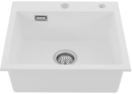 Fregadero de cocina de 50 x 45 cm, de piedra de cuarzo, empotrable, 1 lavabo con desagüe y rebosadero (blanco)