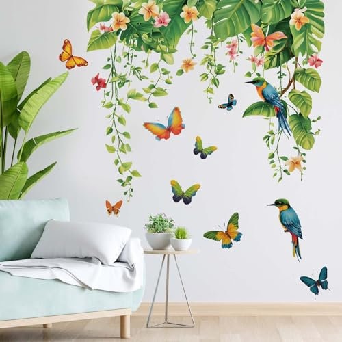 Wandtattoo Blätter Pflanzen Wandaufkleber Hängende Grüne Tropenblätter Blumen Vögel Schmetterlinge Wanddekoration für Wohnzimmer Schlafzimmer Sofa Hintergrund