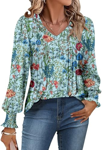 CHICZONE Womens V Neck Tunic Tops Puff Long Sleeve T-Shirt Pleated Casual Blouse Shirts for Leggings