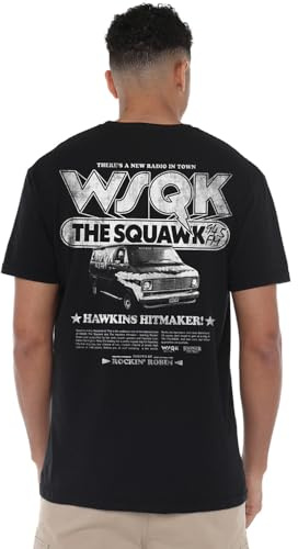 Stranger Things Unisex Stranger Things Hawkins Hitmaker Wsqk Back Unisex T Shirt, Black T-Shirt (1er Pack)