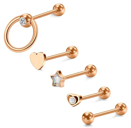 Crdifu 14G Zungenpiercing Rosegold 16mm Stablänge, 1,6mm Zungenpiercing Chirurgenstahl, 5Stk Zunge Piercings Set Herz Stern 5mm Kugel, Zunge Barbell Tongue Piercings Tongue Bar Körperschmuck Damen