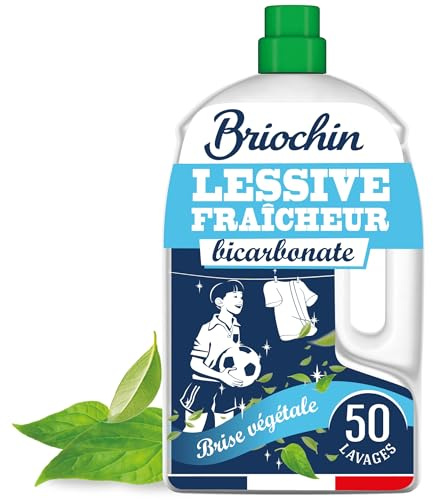 BRIOCHIN Lessive liquide bicarbonate, Brise Végétale, 50 lavages | Brise végétale, élimine taches et mauvaises odeurs, testée dermatologiquement, bidon recyclable, 2,27L
