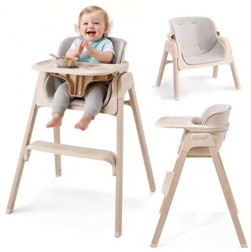 Moby-System Lumo 3in1 Klappbarer Hochstuhl für Babys und Kleinkinder, 2 Höhenstufen, Beige, mit Tablett und 5-Punkt-Gurt