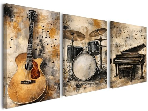 Alptiny Wandbilder Wohnzimmer Set 3er 30x40 cm mit Rahmen – Musik Leinwandbilder Gitarre Schlagzeug Klavier, Moderne Poster & Wanddeko Wohnzimmer, HD Druck, Mit Haken & Klett, Ohne Bohren