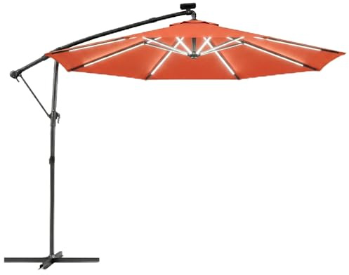 Outsunny Parasol de jardin déporté de 3 m avec lumière solaire LED - Parasol déporté rond avec 6 positions de rotation à 360° - manivelle - Inclinable - Parasol bananier pour extérieur, Orange