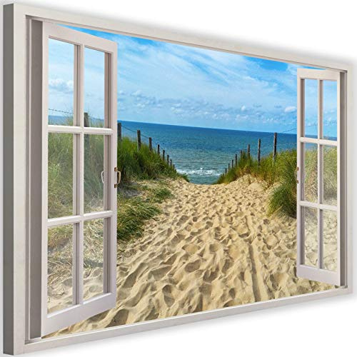 Feeby Bild auf Leinwand Fenster 3D Illusion Kunstdruck Modern Strand Mehrfarbig 90x60 cm