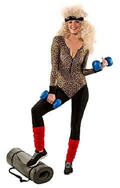shoperama Sexy Damen Langarm-Body mit Leoparden-Print Leo-Druck 80er Jahre Achtziger Aerobic Gymnastik-Anzug Trash Bad Taste Retro, Größe:L/XL