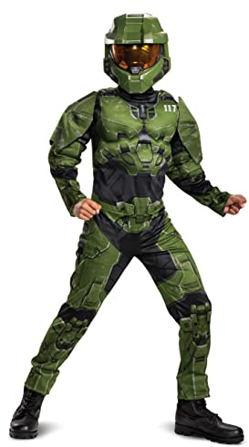 Disguise Halo Infinite Master Chief Costume, Kids Size Muscle Padded Video Game Inspired Character Jumpsuit, Child Size Small (4-6) Green & Black