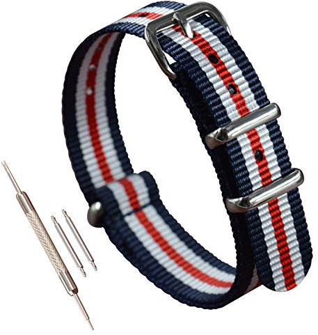 MZBUTIQ 15mm Blau/Weiß/Rot Uhrenarmband Nylon Watch Strap Band Ersatz Polished Schnalle 4 Ringe