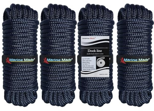 Amarine Made Dock Lines, 4pcs Boat Dock Lines 1/2” X 20’, 12” Eyelet Double-Braided Boat Lines Docking 968lbs Working Load, Nylon Dock Ropes with 4840lbs Strength, for Boat Outdoor Activities, Blue