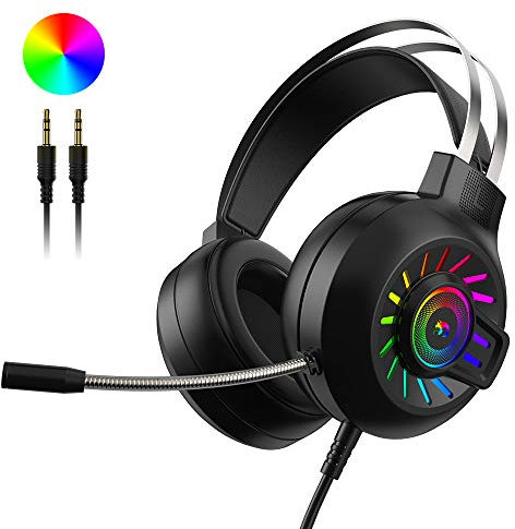 Casque de Jeu, Casque de Jeu Filaire stéréo 3,5 mm avec rétroéclairage Arc-en-Ciel RVB, Son Surround de Casque Professionnel et Microphone à réduction de Bruit, pour PS4 / Xbox One/Mac/PC (Noir)