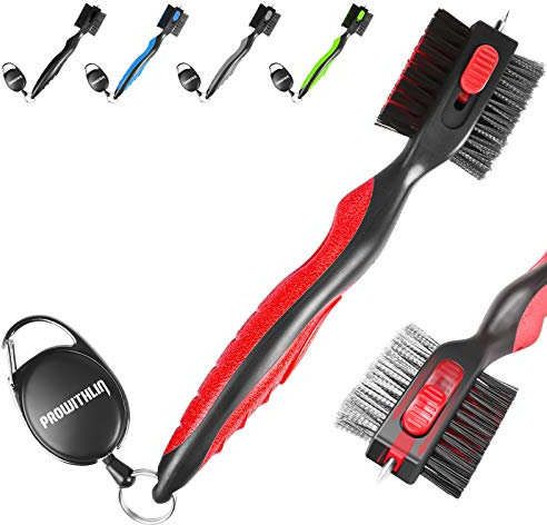 prowithlin 2 in 1 Golf Club Bürste und Groove Cleaner, Multifunktionaler Bürstenkopf mit Nylon- und Drahtborsten, Einziehbare Metallschnalle (Rot)